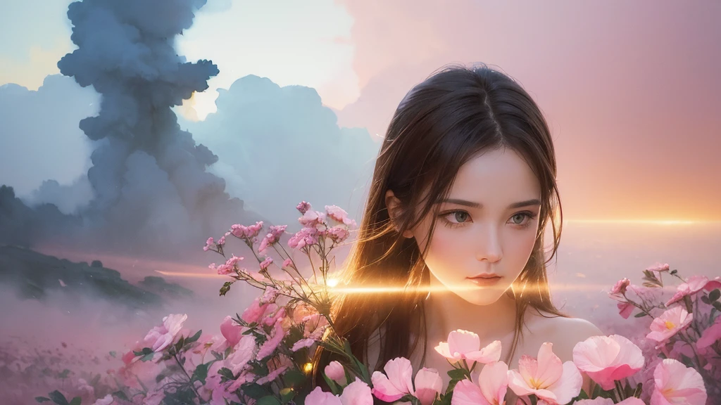 32k, Masterpiece, Highest quality, One girl, Brown Hair, Detailed eyes, flower,sweet pea, Pink and yellow style,A dreamy, romantic piece,Pale pink, Mysterious Leaves,A playful arrangement,Fantasy,High Contrast,Ink strokes,explosion,Exposure, Impression of pink and yellow tones,Abstract,((Watercolours by John Berkey and Jeremy Mann )) Brush strokes,Negative Space, Tyndall effect, White background