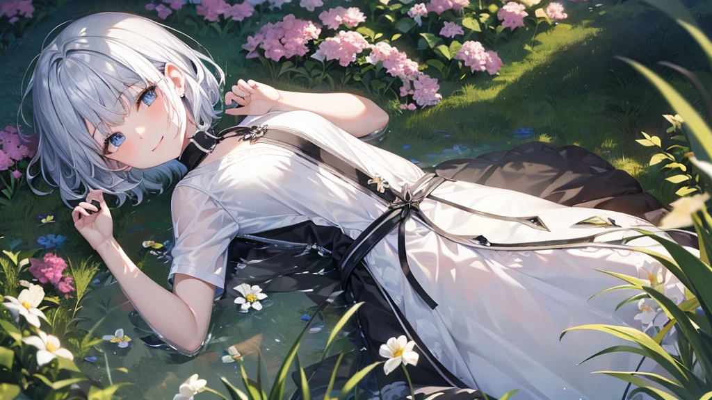 Ultra HD,Look at the viewers, Put your hands behind your back, With a girl, 20-year-old, 非常にShort Hair, Long bangs between the eyes, Pale blue eyes, hoodie, skirt , Very detailed,(masterpiece、Highest quality),Gray Hair、Laughter、Fantastic, Silver Hair, Iris, Short hair、 Fluttering Hair、Small Face、明るいsmile、(Detailed face) ,Professional Lighting,Wonderful landscape,blue sky, sunlight,Looking down from above,Portraiture、Open your mouth、Flower Field、Her eyes were shining、Mysterious and enchanting atmosphere。With AI Painting、とてもShort Hair, Long bangs between the eyes, Very detailed,(masterpiece、Highest quality)、alone、Gray Hair、Fantasy, Silver Hair, Fantasyな風景、White shirt、smile、Open your mouth、short hair、Short Hair、hairpin、black eye、Grey Eyes、Beautiful Eyes、