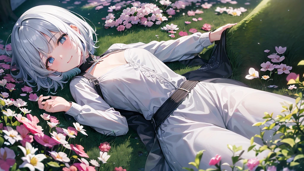 Ultra HD,Look at the viewers, Put your hands behind your back, With a girl, 20-year-old, 非常にShort Hair, Long bangs between the eyes, Pale blue eyes, hoodie, skirt , Very detailed,(masterpiece、Highest quality),Gray Hair、Laughter、Fantastic, Silver Hair, Iris,  Short hair、 Fluttering Hair、Small Face、明るいsmile、(Detailed face) ,Professional Lighting,Wonderful landscape,blue sky, sunlight,Looking down from above,Portraiture、Open your mouth、Flower Field、Her eyes were shining、Mysterious and enchanting atmosphere。With AI Painting、とてもShort Hair, Long bangs between the eyes, Very detailed,(masterpiece、Highest quality)、alone、Gray Hair、Fantasy, Silver Hair, Fantasyな風景、White shirt、smile、Open your mouth、short hair、Short Hair、hairpin、black eye、Grey Eyes、Beautiful Eyes、