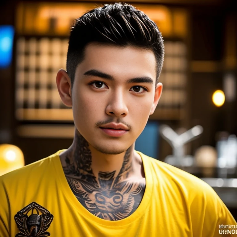 An Araf man stands on the beach with the sunset in the background.., portait photo Profile pictureture, Profile picture, Cleans the wide surface of the face., cute young man, headshot Profile pictureture, handsome man, Handsome and charming, Very charming and beautiful, Close-up of a Southeast Asian man with a round face.., black eyes, staring at the viewer, morning sun, ((face details)), Double eyelids, realistic, Masterpiece, Highest quality, lens flare, shade, [[Chromatic aberration, digital painting, 8K, 45,000,000,000 pixels,, t-shirt, short hair, black eyes,abdominal muscles, The body is beautiful and strong..,, (digital painting, HDR, high contrast