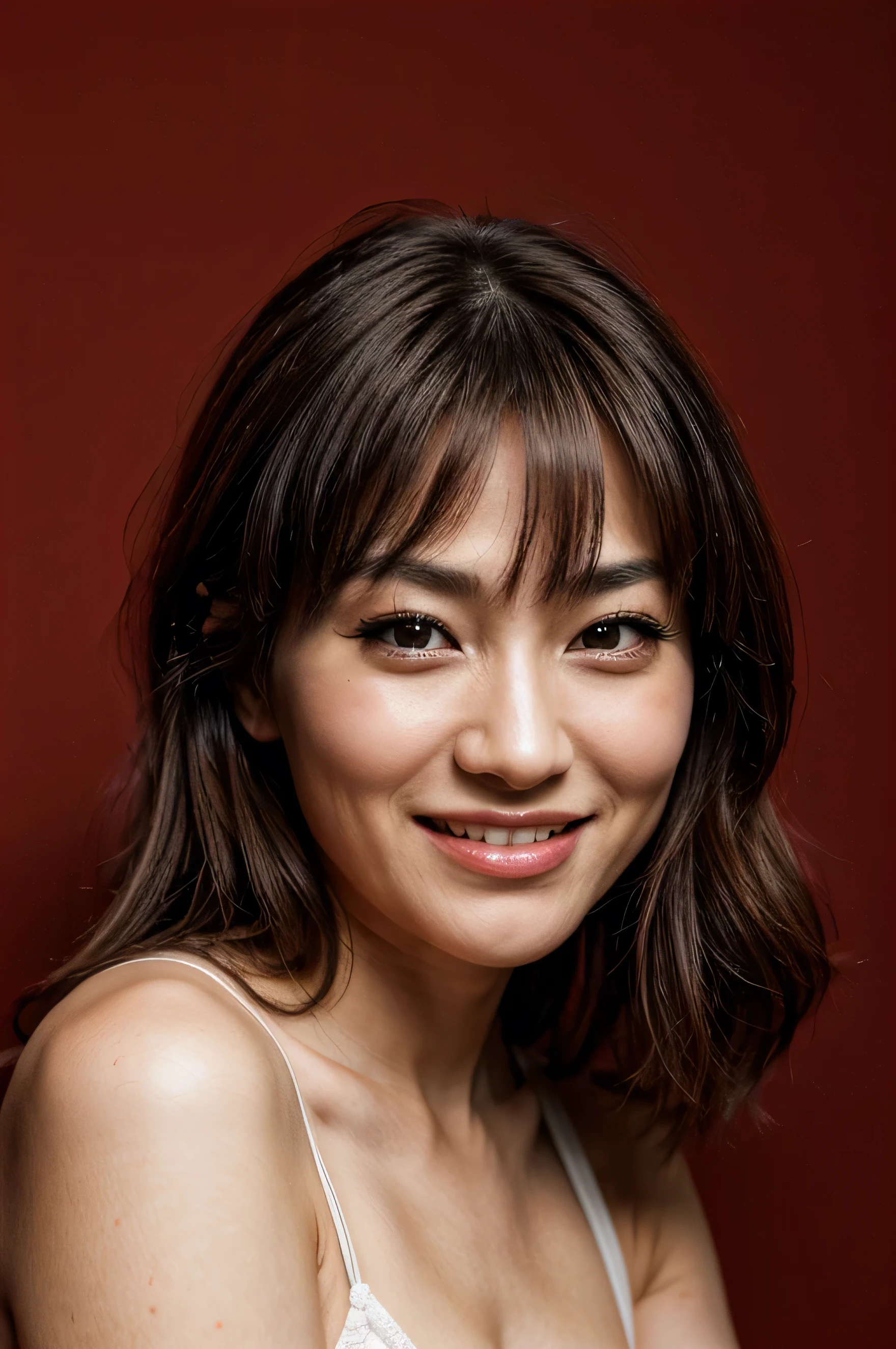 face perfect, beautiful face of a 30 year old Japanese woman, Smiling beautiful, with red background