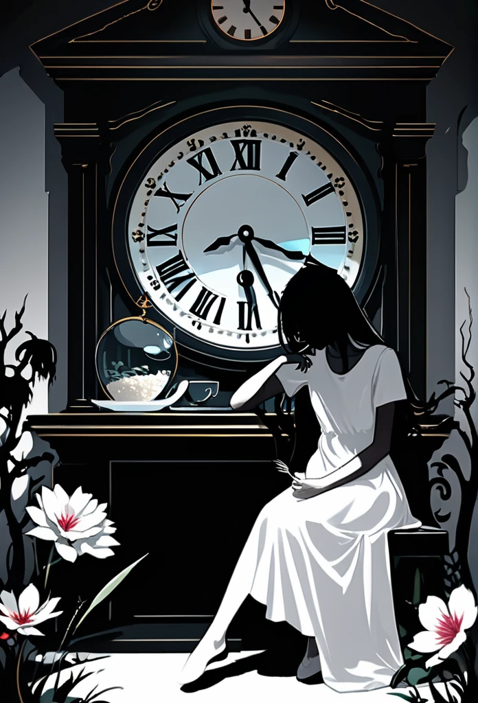 Vector Art, Minimalism, graphic design aesthetics, flat illustration, masterpiece, best quality, perfect composition, very aesthetic, ultra-detailed, intricate details, Professional, official art, Representative work、On a bright red campus"YES"Character、(Masterpiece in maximum 16K resolution:1.6), ((darkest_insane_silhouette_illustration):1.2),(intricate detail:1.4), (extremely insane detail:1.4),(highest quality:1.3),(Hyper_realistic:1.3). | Black and white, silhoutte art, female figure, elegant pose, flowing hair, graceful curves, subtle details, minimalistic background, soft lighting, delicate features, captivating composition, expressive eyes, slender silhouette, artistic interpretation. | ((silhoutte_of_pretty_girl_waiting under a clock):1.5), ((waiting pose):1.2), ((withered flower background):1.1), each flower detailed and rendered with a masterful gouache technique, silhoutte art behance,surreal, It gives a romantic aura. | (perfect_fingers:1.0), (perfect_legs:1.0), better_hands, More_Detail. A young woman with golden hair and yellow eyes sits at the table, eating delicious food by the seaside in an anime style. The background features rocky cliffs overlooking the sea, boats floating on it, green plants, and sunlight shining through them onto her face. She is dressed in white and has a relaxed expression. On one side of her lies various dishes such as rice, vegetables, fish and meat, creating a warm atmosphere.