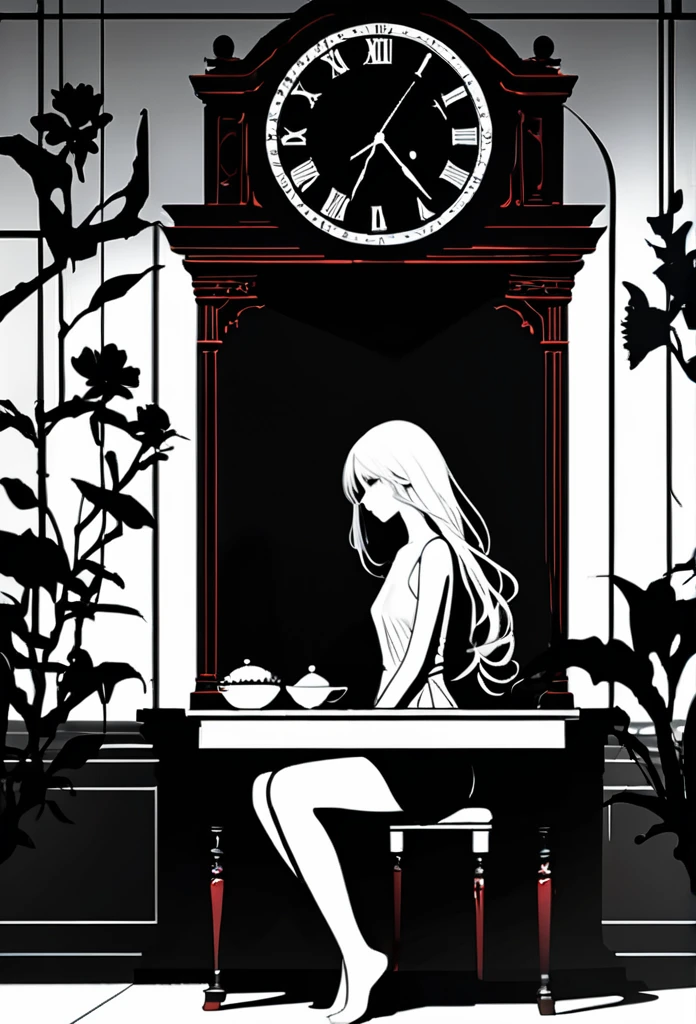 Vector Art, Minimalism, graphic design aesthetics, flat illustration, masterpiece, best quality, perfect composition, very aesthetic, ultra-detailed, intricate details, Professional, official art, Representative work、On a bright red campus"YES"Character、(Masterpiece in maximum 16K resolution:1.6), ((darkest_insane_silhouette_illustration):1.2),(intricate detail:1.4), (extremely insane detail:1.4),(highest quality:1.3),(Hyper_realistic:1.3). | Black and white, silhoutte art, female figure, elegant pose, flowing hair, graceful curves, subtle details, minimalistic background, soft lighting, delicate features, captivating composition, expressive eyes, slender silhouette, artistic interpretation. | ((silhoutte_of_pretty_girl_waiting under a clock):1.5), ((waiting pose):1.2), ((withered flower background):1.1), each flower detailed and rendered with a masterful gouache technique, silhoutte art behance,surreal, It gives a romantic aura. | (perfect_fingers:1.0), (perfect_legs:1.0), better_hands, More_Detail. A young woman with golden hair and yellow eyes sits at the table, eating delicious food by the seaside in an anime style. The background features rocky cliffs overlooking the sea, boats floating on it, green plants, and sunlight shining through them onto her face. She is dressed in white and has a relaxed expression. On one side of her lies various dishes such as rice, vegetables, fish and meat, creating a warm atmosphere.
