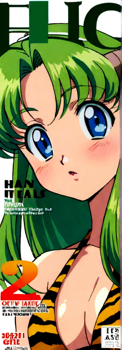 Best image quality, 90s style anime, 21 year old girl, Green Hair, Long Hair, Light blue eyes, Wearing a tiger print bikini, 90s fashion,  White Background, (Magazine Cover), Demon Horns