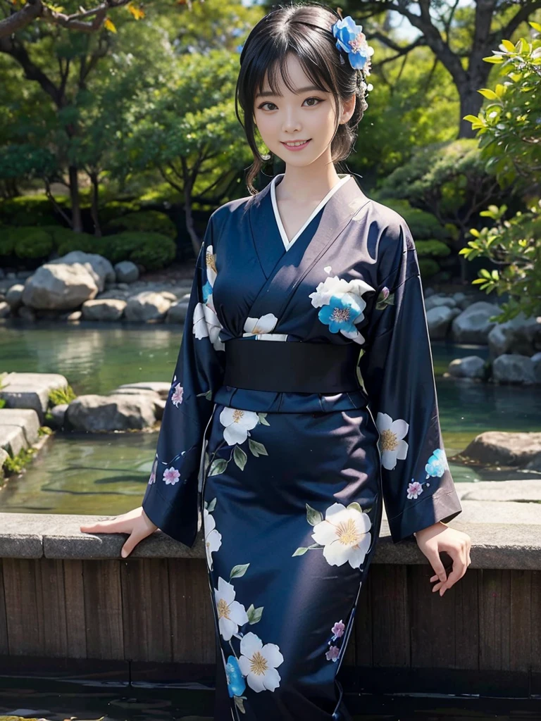 (Ultra-realistic), (Best illustrations), (Increase the resolution), (8K), (masterpiece), (wallpaper), alone, 1 Girl, Looking at the audience, Black straight hair, Slender body, Smile, Yukata with blue floral pattern, Japanese garden