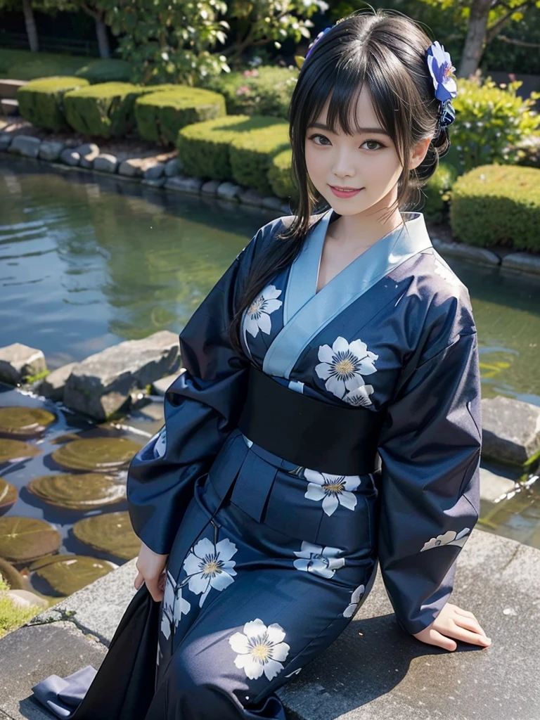 (Ultra-realistic), (Best illustrations), (Increase the resolution), (8K), (masterpiece), (wallpaper), alone, 1 Girl, Looking at the audience, Black straight hair, Slender body, Smile, Yukata with blue floral pattern, Japanese garden