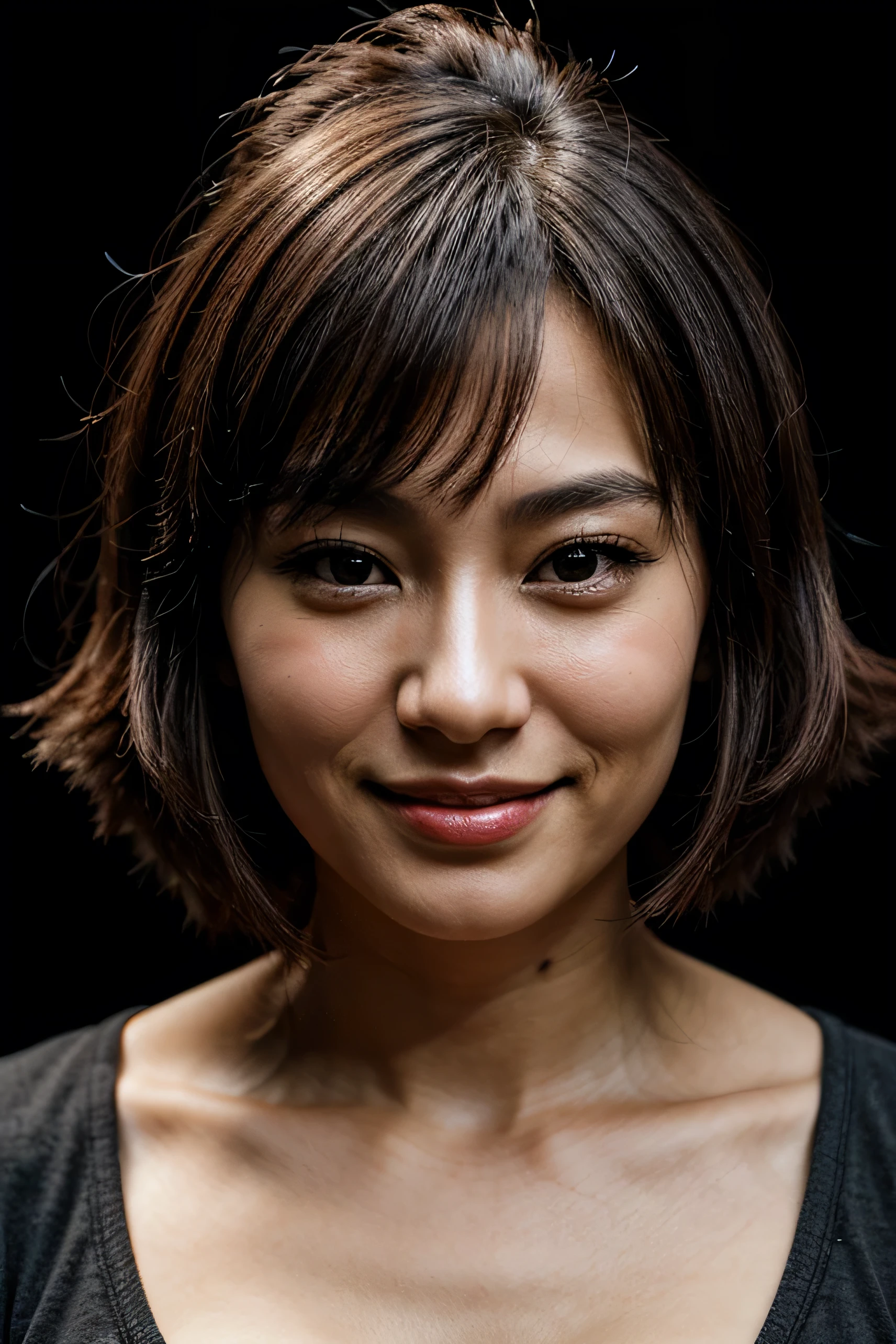 face perfect, beautiful face of a 30 year old Japanese woman, Smiling beautiful, with black background