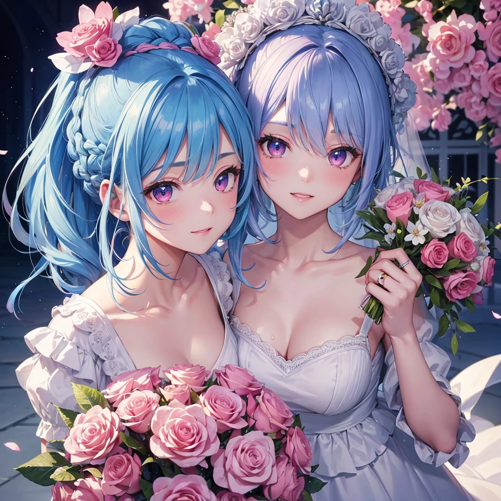 Sky blue hair, (Braided Ponytail),(Pink Eyes),Fair skin ,(whole body),(One girl),bride,A big smile,Straight bangs, 6月のbride,Wedding dress,(masterpiece, Highest quality, Very detailed, Best Shadow), (Detailed Background), (Beautifully detailed face), High Contrast, (Best lighting, Very delicate and beautiful), ((Cinematic Light)), colorful, Hyper Detail, Dramatic Light, Intricate details,Chapel background,A bouquet of roses in the right hand,Ring on left ring finger,