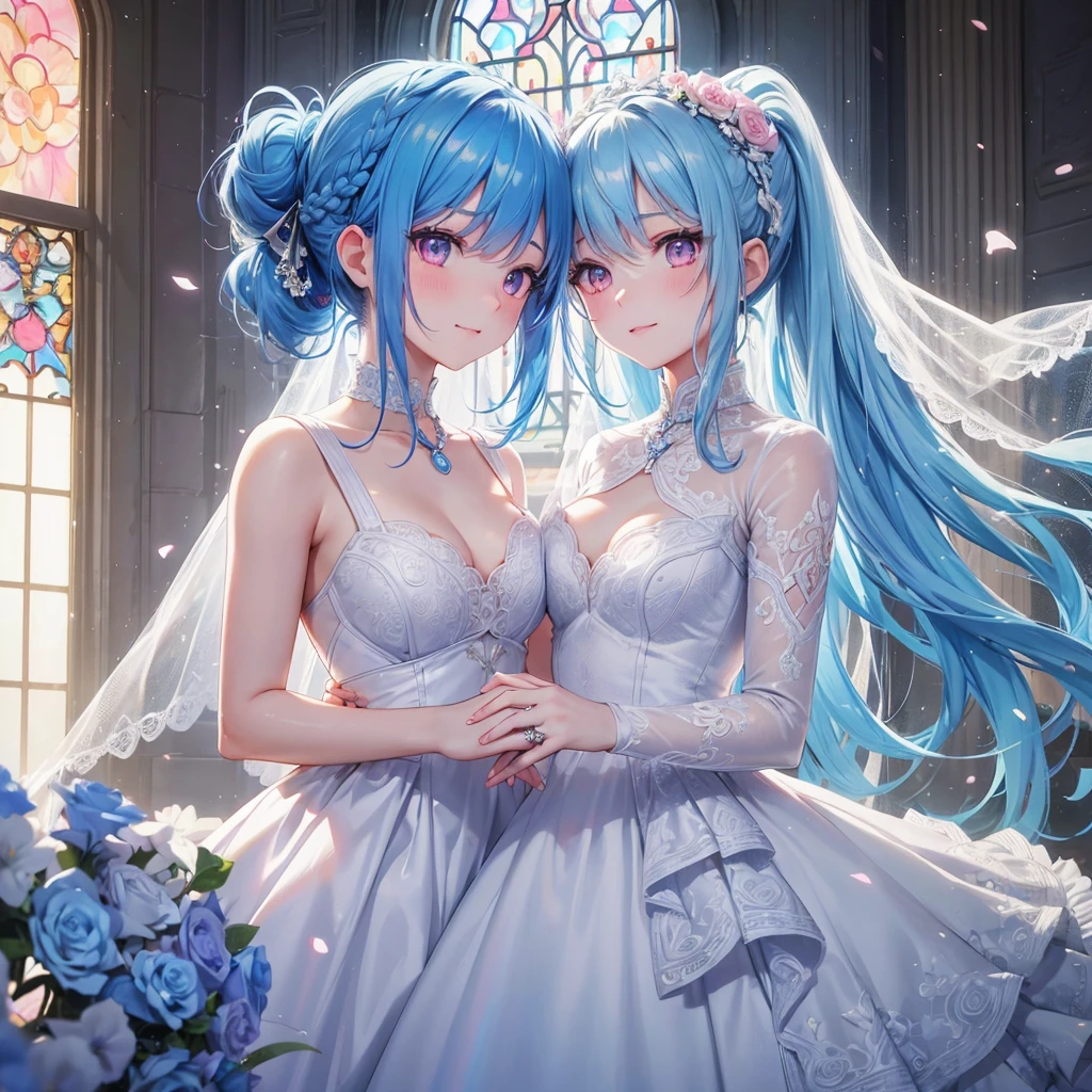 Sky blue hair, (Braided Ponytail),(Pink Eyes),Fair skin ,(whole body),(One girl),bride,A big smile,Straight bangs, 6月のbride,Wedding dress,(masterpiece, Highest quality, Very detailed, Best Shadow), (Detailed Background), (Beautifully detailed face), High Contrast, (Best lighting, Very delicate and beautiful), ((Cinematic Light)), colorful, Hyper Detail, Dramatic Light, Intricate details,Chapel background,A bouquet of roses in the right hand,Ring on left ring finger,