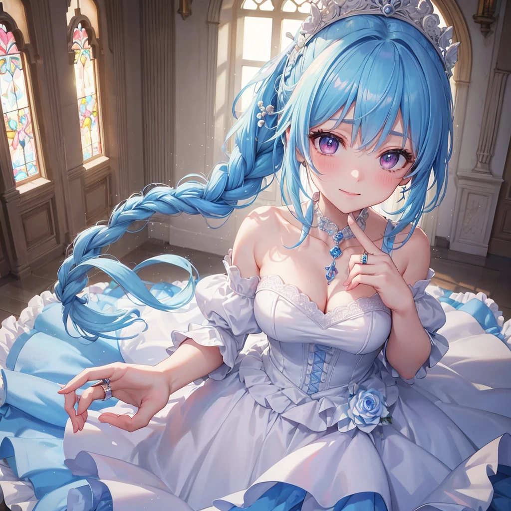 Sky blue hair, (Braided Ponytail),(Pink Eyes),Fair skin ,(whole body),(One girl),bride,A big smile,Straight bangs, 6月のbride,Wedding dress,(masterpiece, Highest quality, Very detailed, Best Shadow), (Detailed Background), (Beautifully detailed face), High Contrast, (Best lighting, Very delicate and beautiful), ((Cinematic Light)), colorful, Hyper Detail, Dramatic Light, Intricate details,Chapel background,A bouquet of roses in the right hand,Ring on left ring finger,