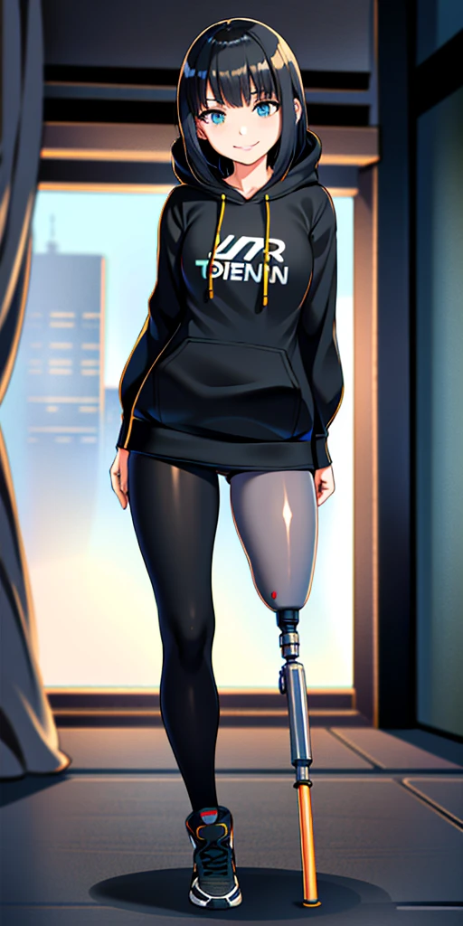 best quality, 1girl, solo, standing, coruscant, medium hair, black hair, straight hair, looking at the viewer, medium breasts, (prosthetic leg:1.2), full body, smiling, futuristic hoddie, black hoddie, lycra pants, black lycra pants.
