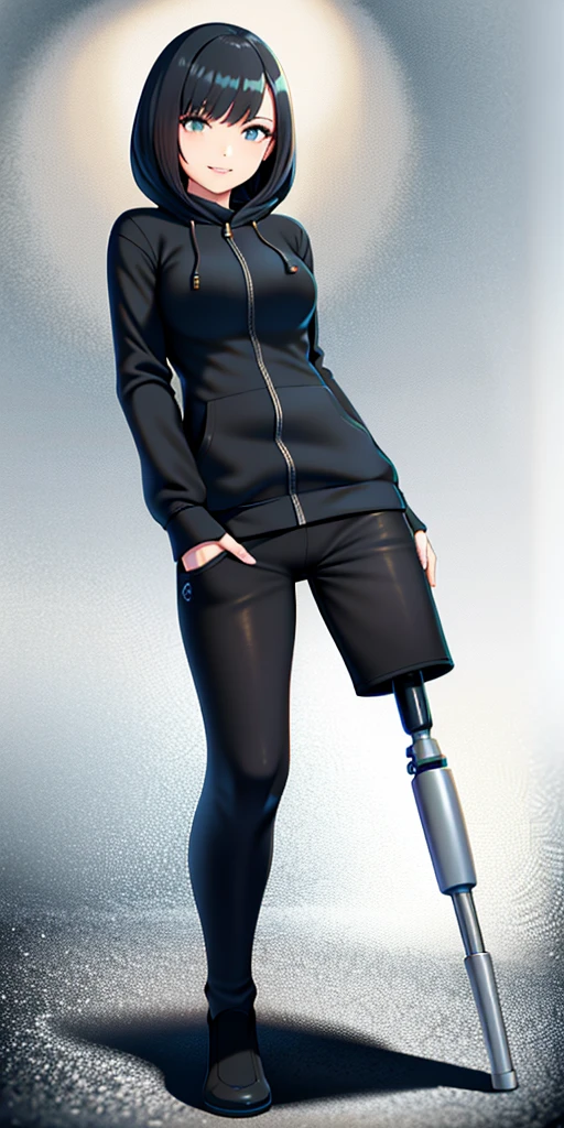 best quality, 1girl, solo, standing, coruscant, medium hair, black hair, straight hair, looking at the viewer, medium breasts, (prosthetic leg:1.2), full body, smiling, futuristic hoddie, black hoddie, lycra pants, black lycra pants.