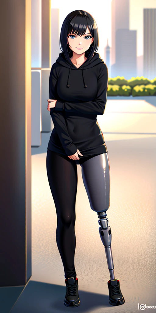 best quality, 1girl, solo, standing, coruscant, medium hair, black hair, straight hair, looking at the viewer, medium breasts,  (prosthetic leg:1.2), full body, smiling, futuristic hoddie, black hoddie, lycra pants, black lycra pants. 