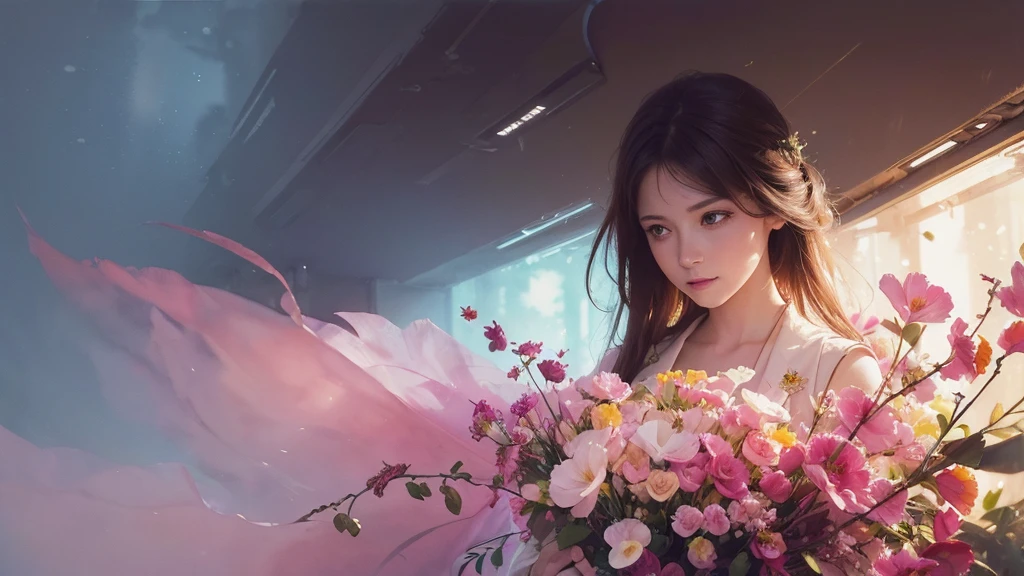 32k, Masterpiece, Highest quality, One girl, Brown Hair, Detailed eyes, flower,sweet pea, Pink and yellow style,A dreamy, romantic piece,Pale pink, Mysterious Leaves,A playful arrangement,Fantasy,High Contrast,Ink strokes,explosion,Exposure, Impression of pink and yellow tones,Abstract,((Watercolours by John Berkey and Jeremy Mann )) Brush strokes,Negative Space, Tyndall effect, White background