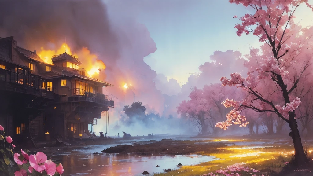 32k, Masterpiece, Highest quality, One girl, Brown Hair, Detailed eyes, flower,sweet pea, Pink and yellow style,A dreamy, romantic piece,Pale pink, Mysterious Leaves,A playful arrangement,Fantasy,High Contrast,Ink strokes,explosion,Exposure, Impression of pink and yellow tones,Abstract,((Watercolours by John Berkey and Jeremy Mann )) Brush strokes,Negative Space, Tyndall effect, White background