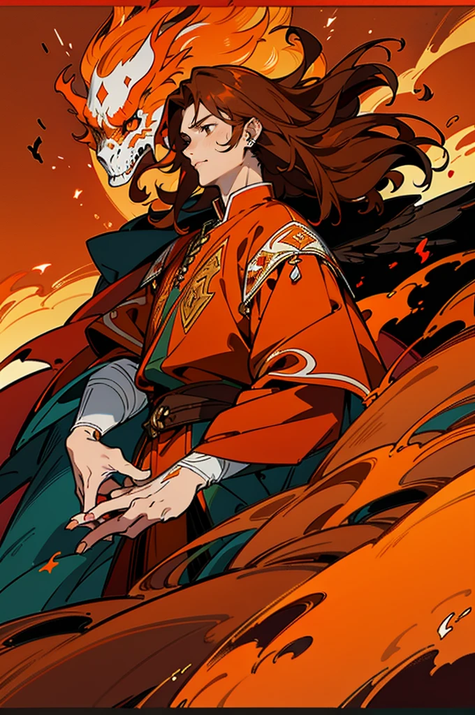 High quality digital painting of a young man with long brown hair and piercing orange eyes, adorned in medieval costume, controlling vibrant flames with a pair of enormous red wings sprouting from his back, intense and powerful, detailed hair and facial features no facial hair and no fire or accessories on the face looking forward, fiery and majestic, fancy, color palette Vibrantes, dramatic lighting