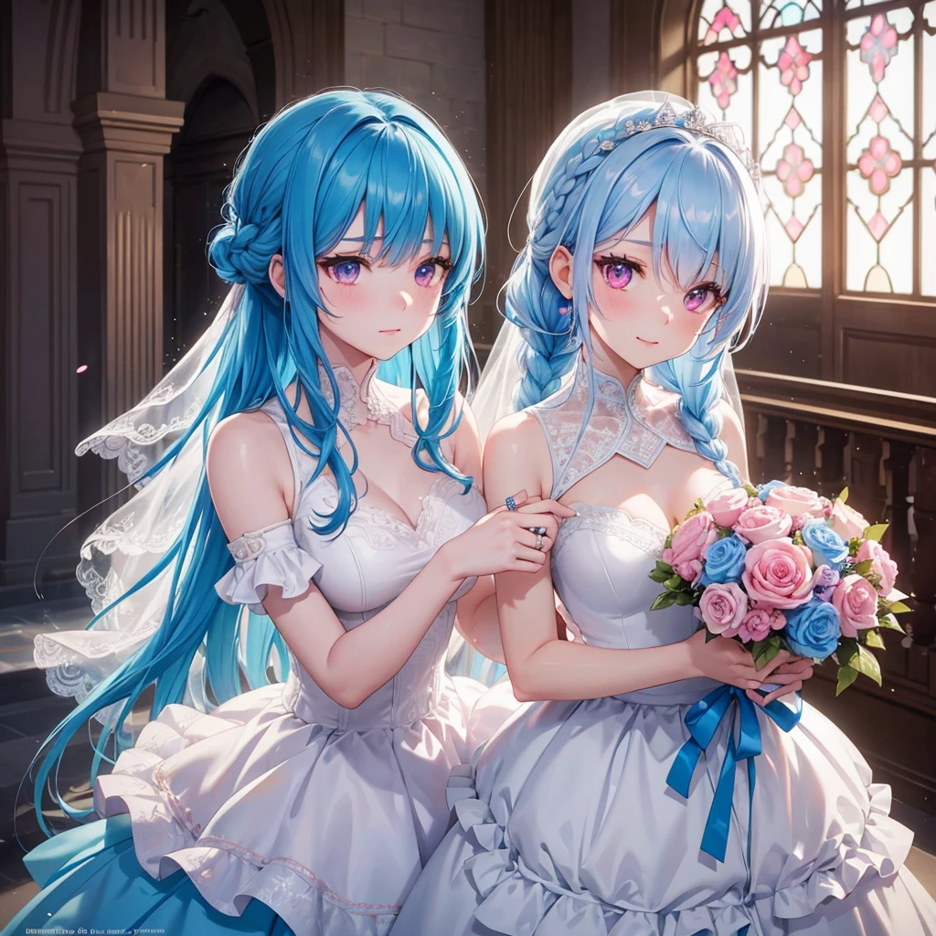 Sky blue hair, (Braided Ponytail),(Pink Eyes),Fair skin ,(whole body),(One girl),bride,A big smile,Straight bangs, 6月のbride,Wedding dress,(masterpiece, Highest quality, Very detailed, Best Shadow), (Detailed Background), (Beautifully detailed face), High Contrast, (Best lighting, Very delicate and beautiful), ((Cinematic Light)), colorful, Hyper Detail, Dramatic Light, Intricate details,Chapel background,A bouquet of roses in the right hand,Ring on left ring finger,