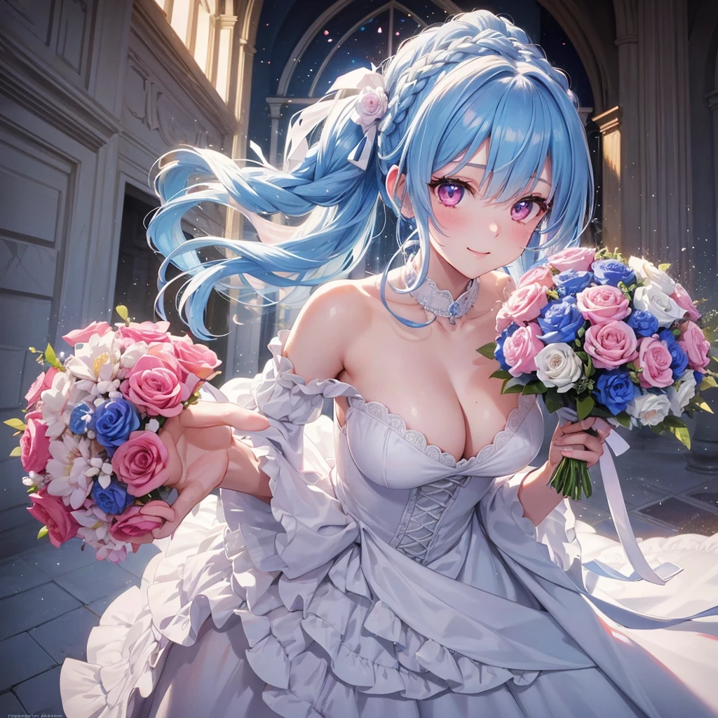 Sky blue hair, (Braided Ponytail),(Pink Eyes),Fair skin ,(whole body),(One girl),bride,A big smile,Straight bangs, 6月のbride,Wedding dress,(masterpiece, Highest quality, Very detailed, Best Shadow), (Detailed Background), (Beautifully detailed face), High Contrast, (Best lighting, Very delicate and beautiful), ((Cinematic Light)), colorful, Hyper Detail, Dramatic Light, Intricate details,Chapel background,A bouquet of roses in the right hand,Ring on left ring finger,