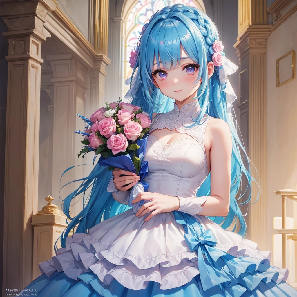 Sky blue hair, (Braided Ponytail),(Pink Eyes),Fair skin ,(whole body),(One girl),bride,A big smile,Straight bangs, 6月のbride,Wedding dress,(masterpiece, Highest quality, Very detailed, Best Shadow), (Detailed Background), (Beautifully detailed face), High Contrast, (Best lighting, Very delicate and beautiful), ((Cinematic Light)), colorful, Hyper Detail, Dramatic Light, Intricate details,Chapel background,A bouquet of roses in the right hand,Ring on left ring finger,