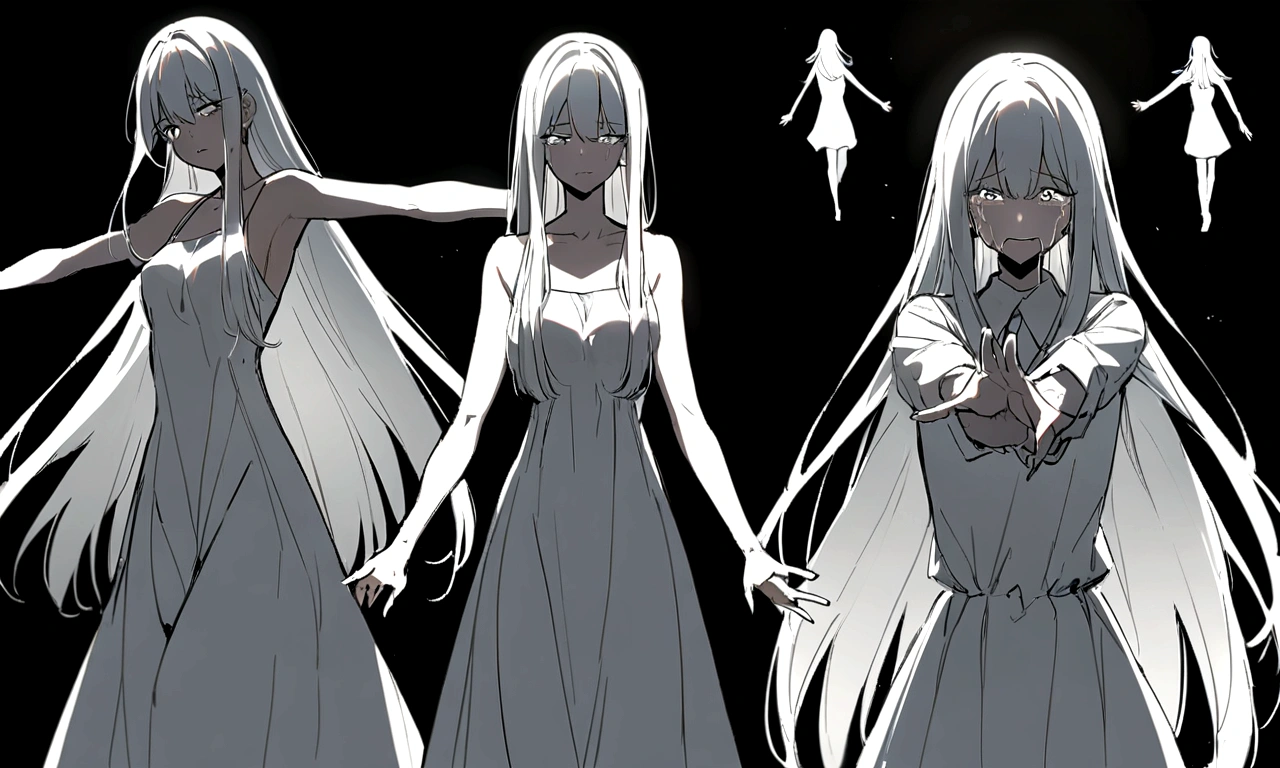 black and white drawing, black background, human, female, long straight hair, white hair, a crying face, Pose with open arms asking for a hug, wearing a white dress