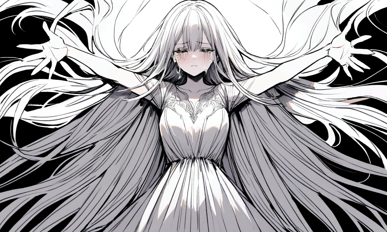 black and white drawing, black background, human, female, long straight hair, white hair, a crying face, Pose with open arms asking for a hug, wearing a white dress