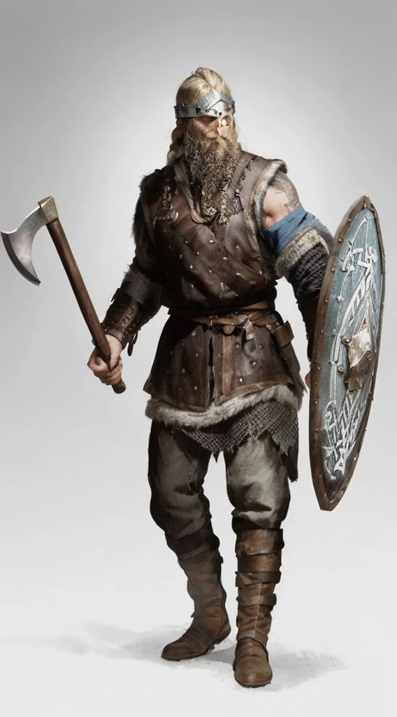 highly realistic image of a viking. He is a tall and robust warrior, with about 1,85 metro de altura, with well defined muscles, fruit of a life of battles and adventures at sea. His face is stern and determined, with a strong jaw and piercing deep blue eyes. Her hair is blonde and braided, falling to his shoulders, and his beard is long and well-groomed, divided into two braids that reach the chest.
He is dressed in a wool and leather tunic, covered by a chainmail that offers additional protection. Over the shoulders, he wears a wolfskin cloak, that not only warms you, but also intimidates your enemies. His legs are covered in reinforced leather pants., and he wears sturdy leather boots, ideal for long marches and combat.
In the right hand, he holds a battle ax, a deadly weapon with a reinforced wooden handle and a wide, sharp blade. The ax is adorned with runic inscriptions that appear to glow in the sunlight. In the left hand, he holds a round wooden shield, reinforced with metal around the edge and in the center. The shield is decorated with an intricate pattern of Norse runes and symbols, showing your pride and heritage.
Your expression is fierce and resolute, ready for combat. The look in your eyes is that of a seasoned warrior, someone who has seen many battles and is always prepared for more. The image background should reflect a Nordic setting, perhaps a coastal landscape with a stormy sea or a dense, shady forest.
Make sure the image captures all the details mentioned, with special attention to the texture of clothes and armor, the inscriptions on the ax and shield, and the intensity in the Viking's gaze. The image must be highly realistic, almost tangible, to convey the true essence and bravery of this Norse warrior.