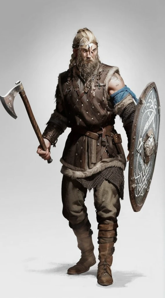  highly realistic image of a viking. He is a tall and robust warrior, with about 1,85 metro de altura, with well defined muscles, fruit of a life of battles and adventures at sea. His face is stern and determined, with a strong jaw and piercing deep blue eyes. Her hair is blonde and braided, falling to his shoulders, and his beard is long and well-groomed, divided into two braids that reach the chest.

He is dressed in a wool and leather tunic, covered by a chainmail that offers additional protection. Over the shoulders, he wears a wolfskin cloak, that not only warms you, but also intimidates your enemies. His legs are covered in reinforced leather pants., and he wears sturdy leather boots, ideal for long marches and combat.

In the right hand, he holds a battle ax, a deadly weapon with a reinforced wooden handle and a wide, sharp blade. The ax is adorned with runic inscriptions that appear to glow in the sunlight. In the left hand, he holds a round wooden shield, reinforced with metal around the edge and in the center. The shield is decorated with an intricate pattern of Norse runes and symbols, showing your pride and heritage.

Your expression is fierce and resolute, ready for combat. The look in your eyes is that of a seasoned warrior, someone who has seen many battles and is always prepared for more. The image background should reflect a Nordic setting, perhaps a coastal landscape with a stormy sea or a dense, shady forest.

Make sure the image captures all the details mentioned, with special attention to the texture of clothes and armor, the inscriptions on the ax and shield, and the intensity in the Viking&#39;s gaze. The image must be highly realistic, almost tangible, to convey the true essence and bravery of this Norse warrior.