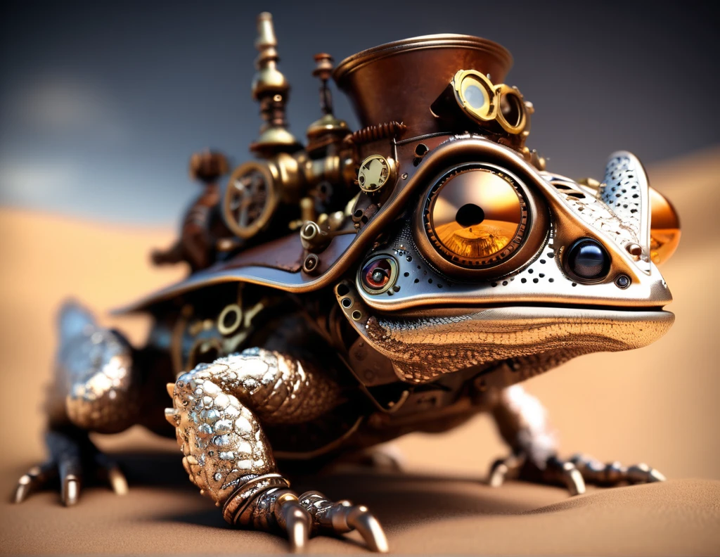a steampunk horny toad, small, desert,\n\ntrending on ArtStation, intricate, hyper detailed, ultra realistic, sharp focus, octane render,