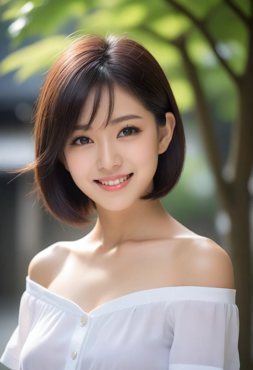 8K, Ultra-high resolution, Highest quality, masterpiece, 三分割法によるphotograph,Surreal, photograph, 1 Girl, (:1.3), pretty girl, Cute face, Beautiful eyes in every detail, 細かくdetailedに,masterpiece,, One Girl:1.2, Japan Female Announcer,upper body,Outdoor,street tree,White blouse,The chest buttons are open,Refreshing sweat,Full of sex appeal,Sensual,A carefree smile,Heal the heart,Black Hair,Short Bob,Looking at the audience、beauty,Long neck、Laugh a little、Please close your mouth and laugh、(((Ideal body type))),A cup small breasts :2,、Portraiture:2、Perfect Anatomy、鮮明なdetailed、detailed、Surreal、Light and shadow,Strong light