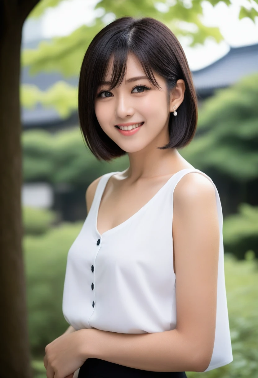 8K, Ultra-high resolution, Highest quality, masterpiece, 三分割法によるphotograph,Surreal, photograph, 1 Girl, (16 years old:1.3), pretty girl, Cute face, Beautiful eyes in every detail, 細かくdetailedに,masterpiece,, One Girl:1.2, Japan Female Announcer,upper body,Outdoor,street tree,White blouse,The chest buttons are open,Refreshing sweat,Full of sex appeal,Sensual,A carefree smile,Heal the heart,Black Hair,Short Bob,Looking at the audience、beauty,Long neck、Laugh a little、Please close your mouth and laugh、(((Ideal body type))),A cup small breasts :2,、Portraiture:2、Perfect Anatomy、鮮明なdetailed、detailed、Surreal、Light and shadow,Strong light