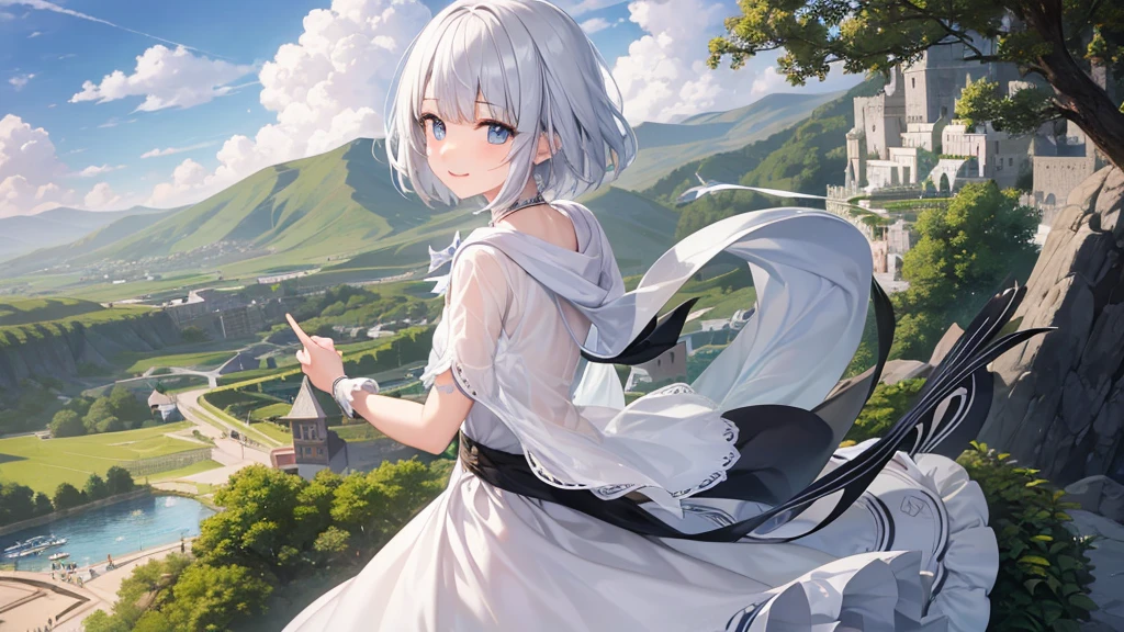 Ultra HD,Look at the viewers, Put your hands behind your back, With a girl, 20-year-old, 非常にShort Hair, Long bangs between the eyes, Pale blue eyes, hoodie, skirt , Very detailed,(masterpiece、Highest quality),Gray Hair、Laughter、Fantastic, Silver Hair, Iris,  Short hair、 Fluttering Hair、Small Face、明るいsmile、(Detailed face) ,Professional Lighting,Wonderful landscape,blue sky, sunlight,Looking down from above,Portraiture、Open your mouth、Flower Field、Her eyes were shining、Mysterious and enchanting atmosphere。With AI Painting、とてもShort Hair, Long bangs between the eyes, Very detailed,(masterpiece、Highest quality)、alone、Gray Hair、Fantasy, Silver Hair, Fantasyな風景、White shirt、smile、Open your mouth、short hair、Short Hair、hairpin、black eye、Grey Eyes、Beautiful Eyes、