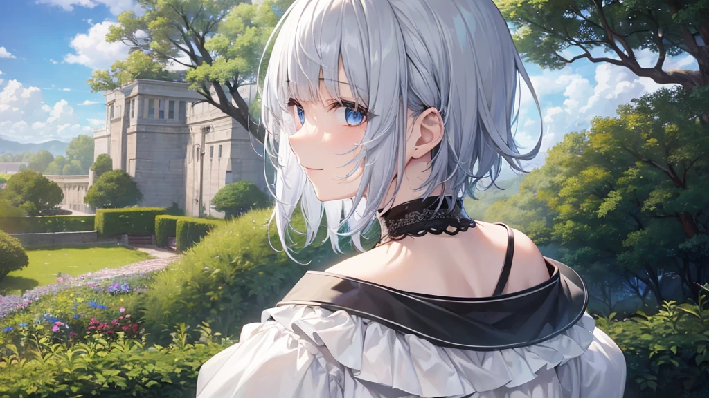 Ultra HD,Look at the viewers, Put your hands behind your back, With a girl, 20-year-old, 非常にShort Hair, Long bangs between the eyes, Pale blue eyes, hoodie, skirt , Very detailed,(masterpiece、Highest quality),Gray Hair、Laughter、Fantastic, Silver Hair, Iris, Short hair、 Fluttering Hair、Small Face、明るいsmile、(Detailed face) ,Professional Lighting,Wonderful landscape,blue sky, sunlight,Looking down from above,Portraiture、Open your mouth、Flower Field、Her eyes were shining、Mysterious and enchanting atmosphere。With AI Painting、とてもShort Hair, Long bangs between the eyes, Very detailed,(masterpiece、Highest quality)、alone、Gray Hair、Fantasy, Silver Hair, Fantasyな風景、White shirt、smile、Open your mouth、short hair、Short Hair、hairpin、black eye、Grey Eyes、Beautiful Eyes、
