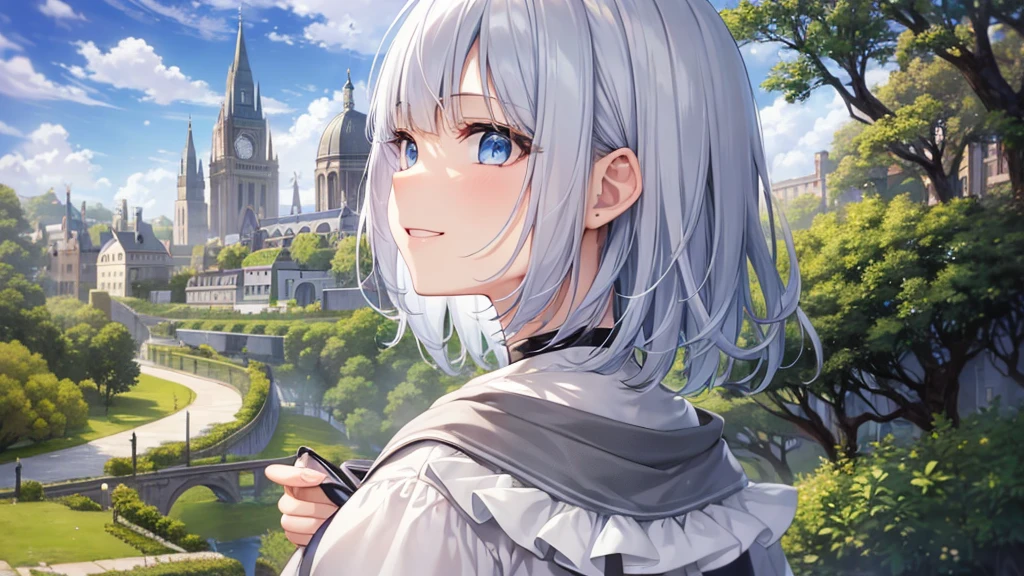 Ultra HD,Look at the viewers, Put your hands behind your back, With a girl, 20-year-old, 非常にShort Hair, Long bangs between the eyes, Pale blue eyes, hoodie, skirt , Very detailed,(masterpiece、Highest quality),Gray Hair、Laughter、Fantastic, Silver Hair, Iris, Short hair、 Fluttering Hair、Small Face、明るいsmile、(Detailed face) ,Professional Lighting,Wonderful landscape,blue sky, sunlight,Looking down from above,Portraiture、Open your mouth、Flower Field、Her eyes were shining、Mysterious and enchanting atmosphere。With AI Painting、とてもShort Hair, Long bangs between the eyes, Very detailed,(masterpiece、Highest quality)、alone、Gray Hair、Fantasy, Silver Hair, Fantasyな風景、White shirt、smile、Open your mouth、short hair、Short Hair、hairpin、black eye、Grey Eyes、Beautiful Eyes、