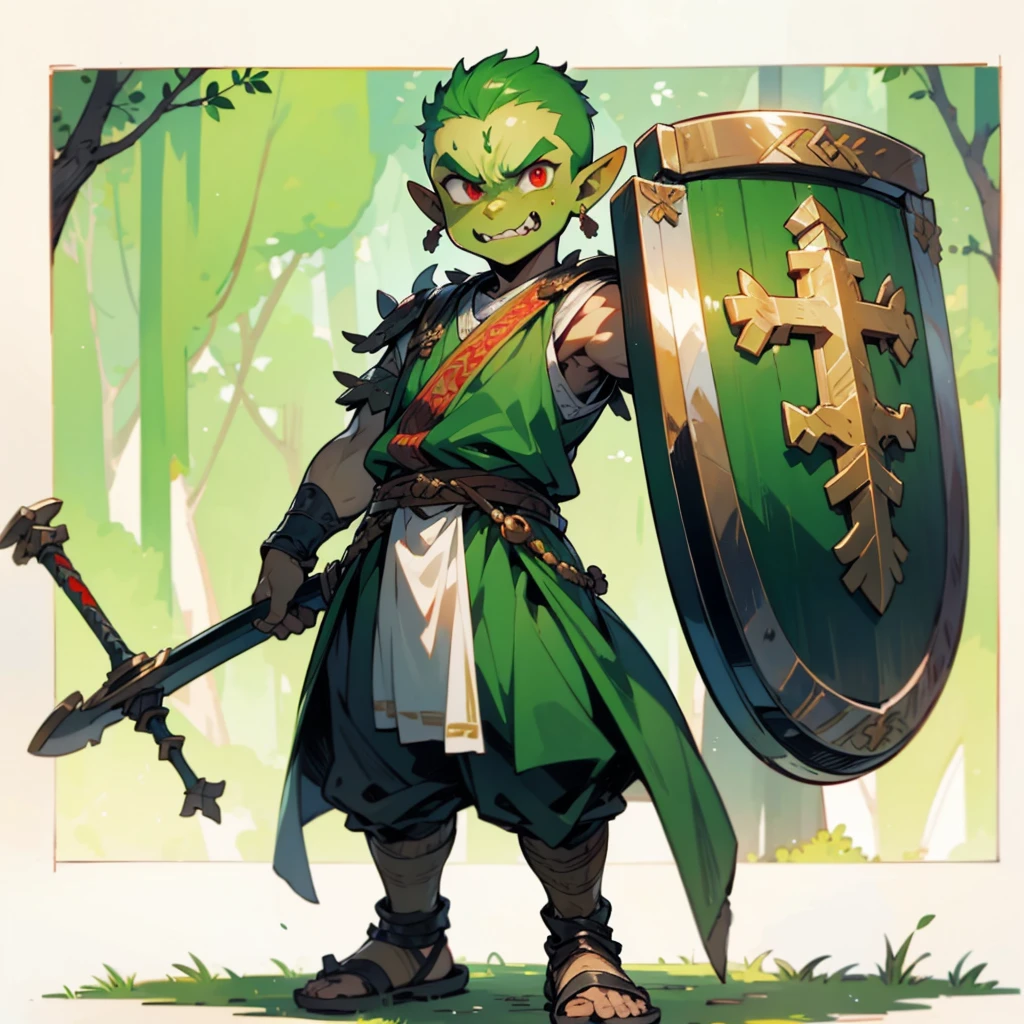 1**********s orc, orc version, Full body version, red eyes, green colour skins, angry eyes, bald hairstyle, angry expression, ancient Greek clothing, ancient Greek sandals, wood sword in hand, small shield wood, wood armor vest, Grassroots background in forest 