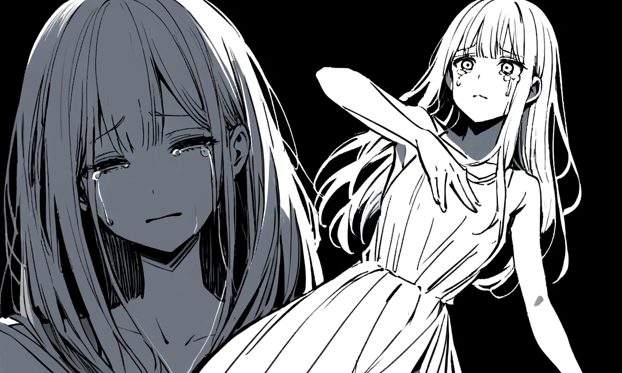 black and white drawing, black background, woman 1, long straight hair, white hair, a crying face, Pose with open arms asking for a hug, wearing a white dress