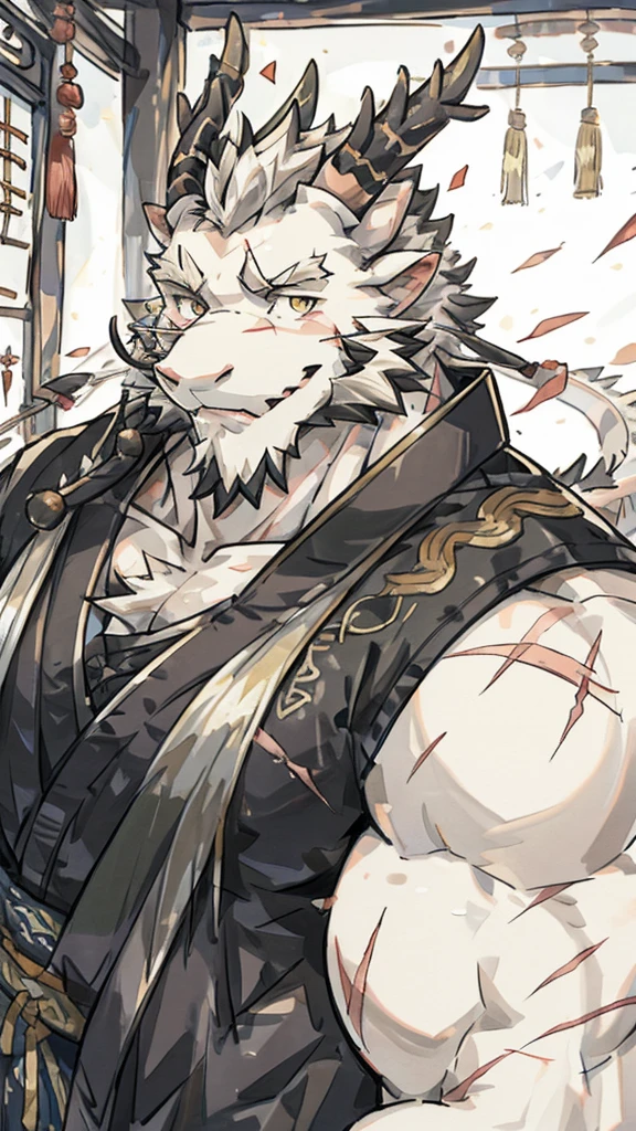 (white eastern dragon),furry,white mustache,big pecs,hearty males,muscular,black imperial robe,naked,adult,traditional_chinese_room,head portrait,scar