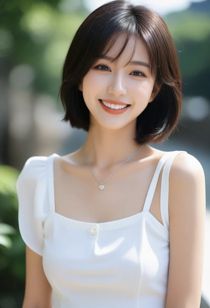 8K, Ultra-high resolution, Highest quality, masterpiece, 三分割法によるphotograph,Surreal, photograph, 1 Girl, (16 years old:1.3), pretty girl, Cute face, Beautiful eyes in every detail, 細かくdetailedに,masterpiece,, One Girl:1.2, Japan Female Announcer,upper body,Outdoor,street tree,White blouse,The chest buttons are open,Refreshing sweat,Full of sex appeal,Sensual,A carefree smile,Heal the heart,Black Hair,Short Bob,Looking at the audience、beauty,Long neck、Laugh a little、Please close your mouth and laugh、(((Ideal body type))),A cup small breasts :2,、Portraiture:2、Perfect Anatomy、鮮明なdetailed、detailed、Surreal、Light and shadow,Strong light