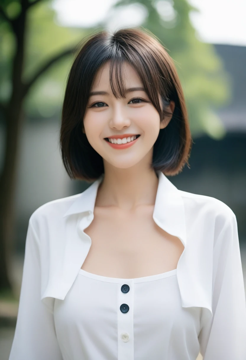 8K, Ultra-high resolution, Highest quality, masterpiece, 三分割法によるphotograph,Surreal, photograph, 1 Girl, (:1.3), pretty girl, Cute face, Beautiful eyes in every detail, 細かくdetailedに,masterpiece,, One Girl:1.2, Japan Female Announcer,upper body,Outdoor,street tree,White blouse,The chest buttons are open,Refreshing sweat,Full of sex appeal,Sensual,A carefree smile,Heal the heart,Black Hair,Short Bob,Looking at the audience、beauty,Long neck、Laugh a little、Please close your mouth and laugh、(((Ideal body type))),A cup small breasts :2,、Portraiture:2、Perfect Anatomy、鮮明なdetailed、detailed、Surreal、Light and shadow,Strong light
