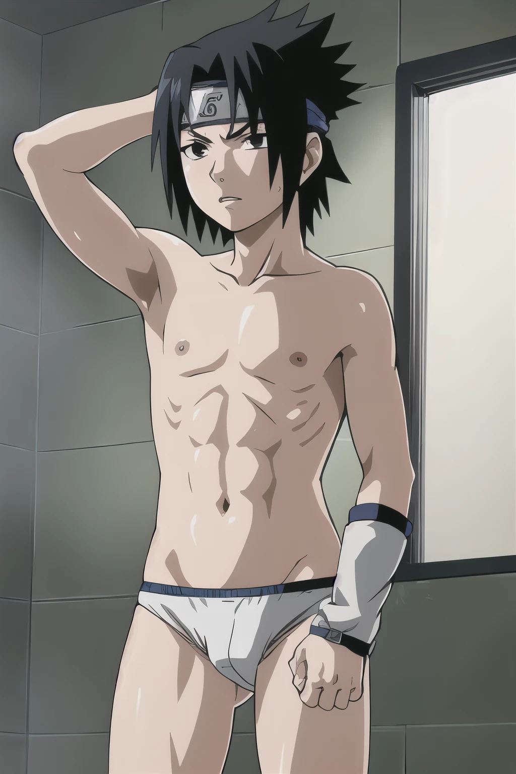 Sasuke, shirtless, underwear, white briefs, muscle growth, showering, s,