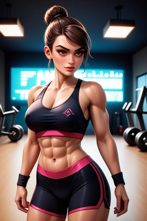 24-year-old Caucasian female fitness instructor; tomboy; athletic build; defined muscles; short dark brown hair tied in a bun; hazel eyes; subtle cybernetic enhancements; fair skin; wears high-tech workout attire including sports bras, compression shorts, and tank tops; in a futuristic gym setting with high-tech equipment; poses confidently, exuding a rebellious and tomboyish attitude; background includes vibrant neon lights and a gritty urban atmosphere; large breasts; Disney-style, CGI; best quality; high definition; trending on artstation; complex volumetric lighting; shadows;