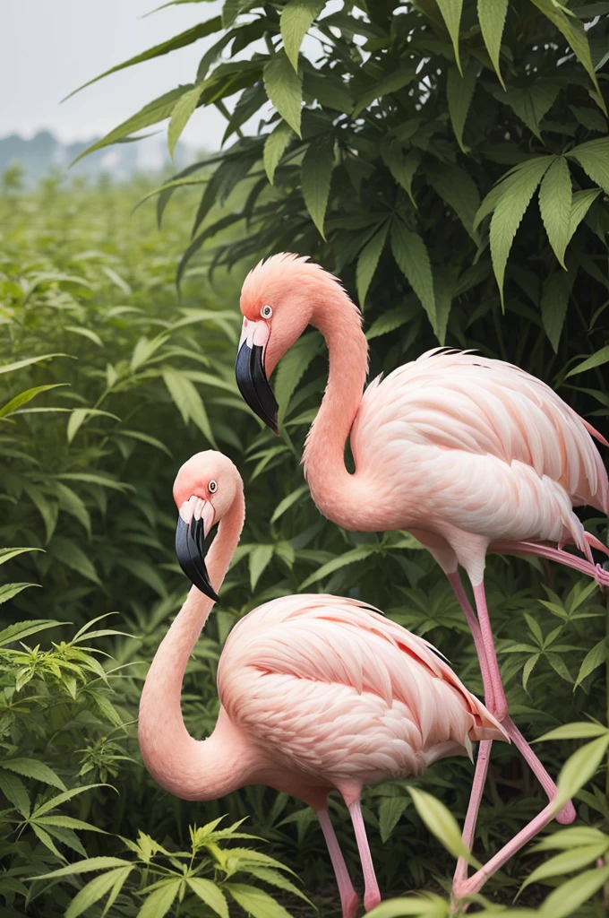 A flamingo wearing simple clothe smoking in a weed plantation