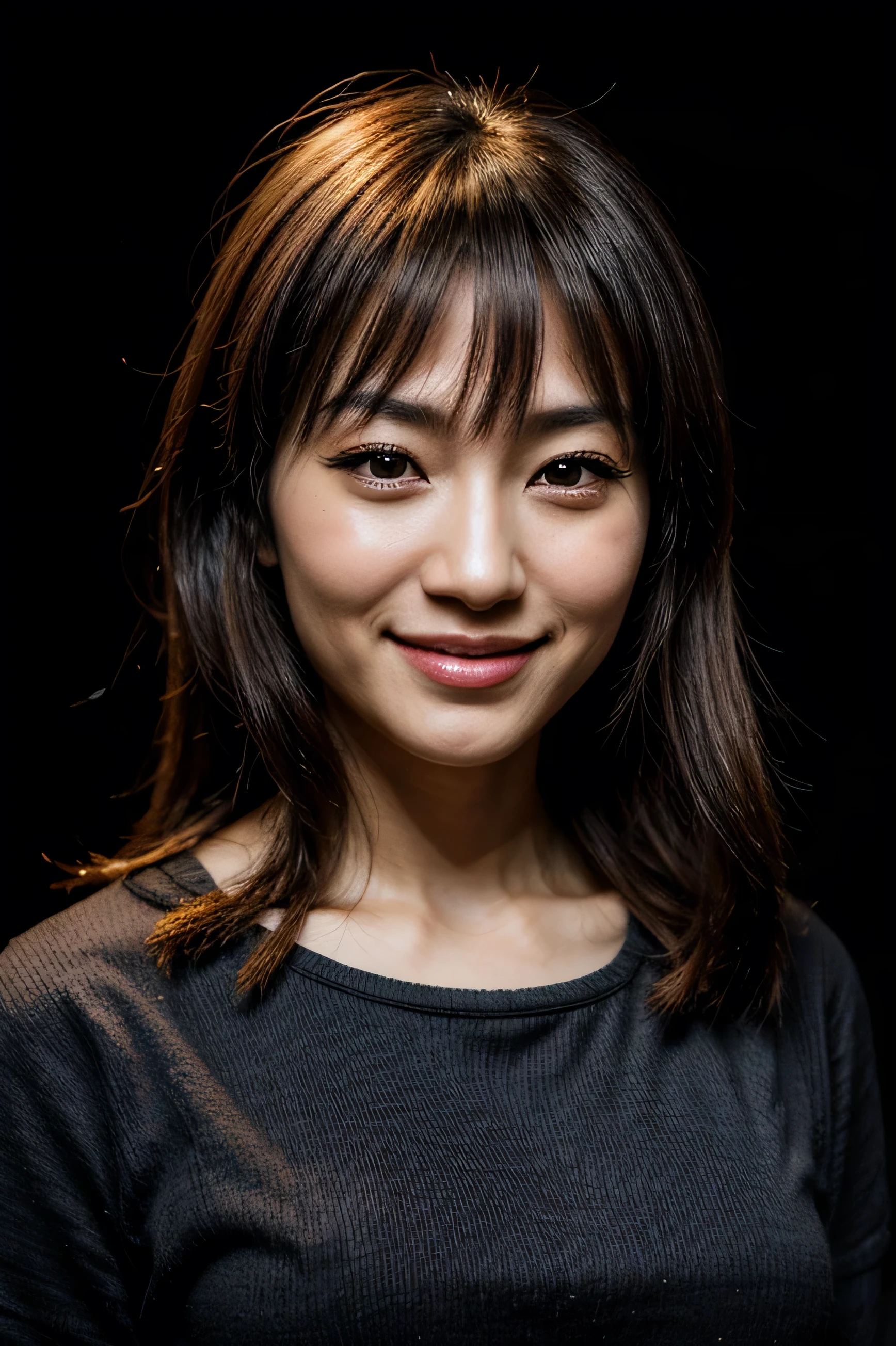 face perfect, beautiful face of a 30 year old Japanese woman, Smiling beautiful, with black background 