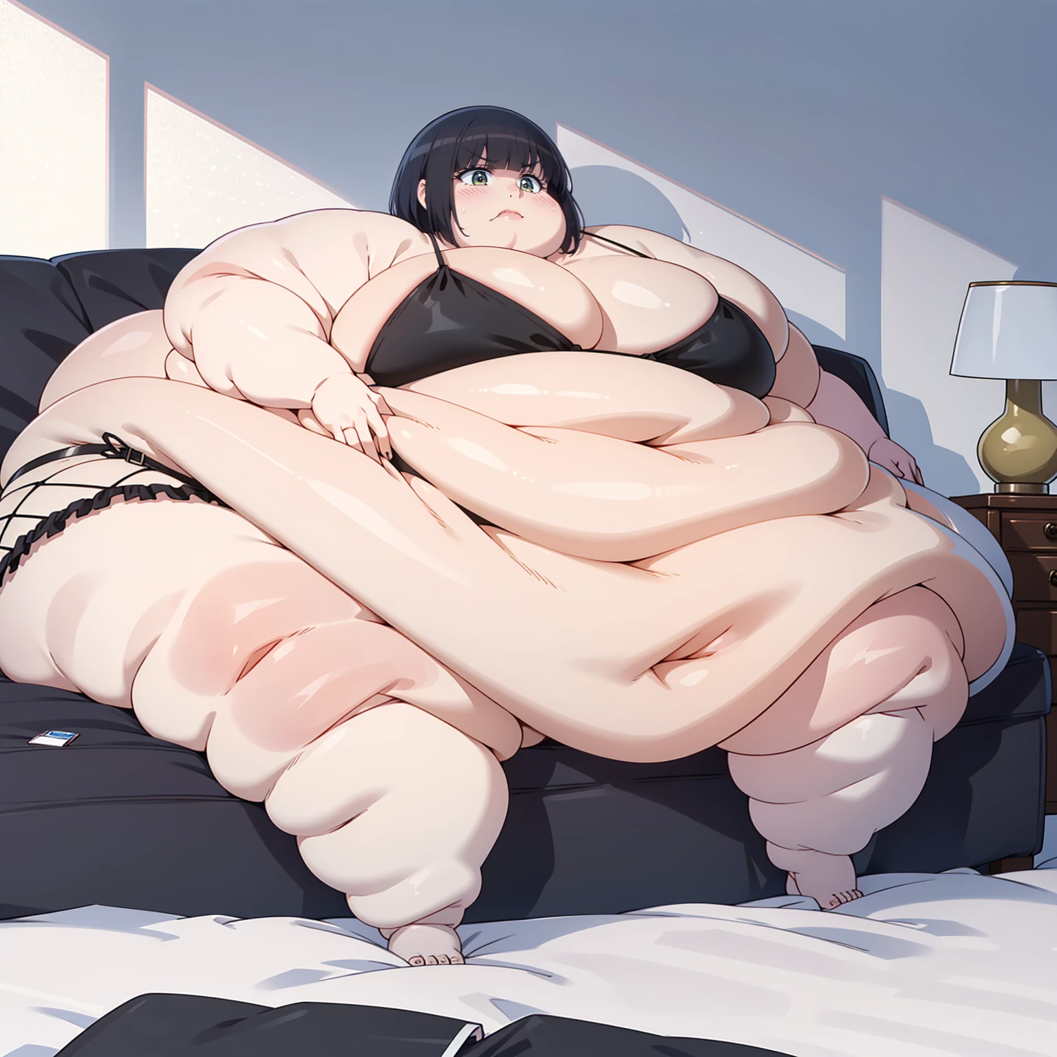 A very obese big girl, ((blob)), short blue hair, black bikini, perfect body, in a bed, very fat limbs, a big fat belly,