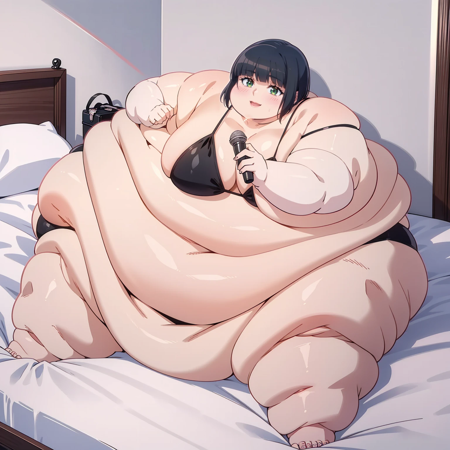 A very obese big girl, ((blob)), short blue hair, black bikini, perfect body, in a bed, very fat limbs, a big fat belly,