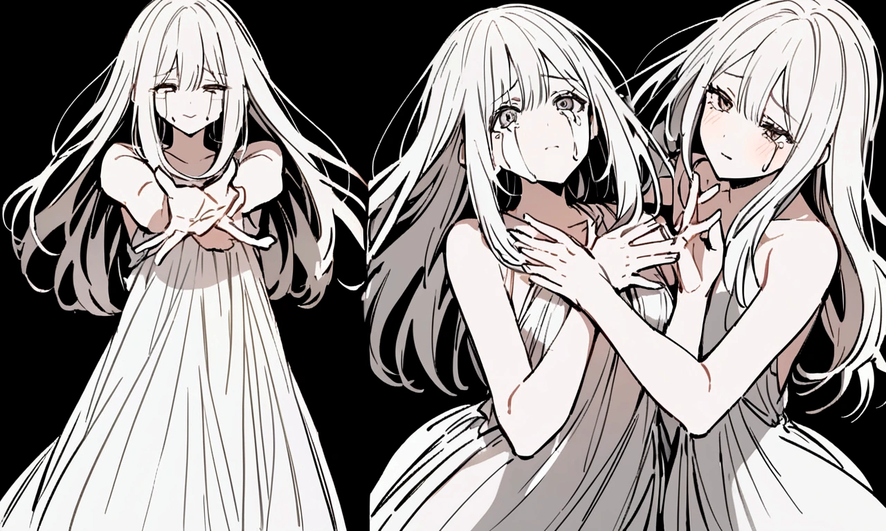 black and white drawing, black background, woman 1, long straight hair, white hair, a crying face, Pose with open arms asking for a hug, wearing a white dress