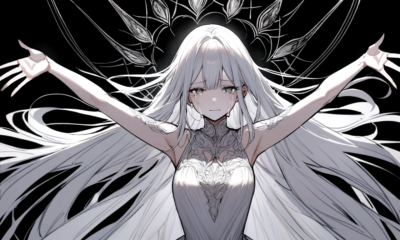 black and white drawing, black background, woman 1, long straight hair, white hair, a crying face, Pose with open arms asking for a hug, wearing a white dress