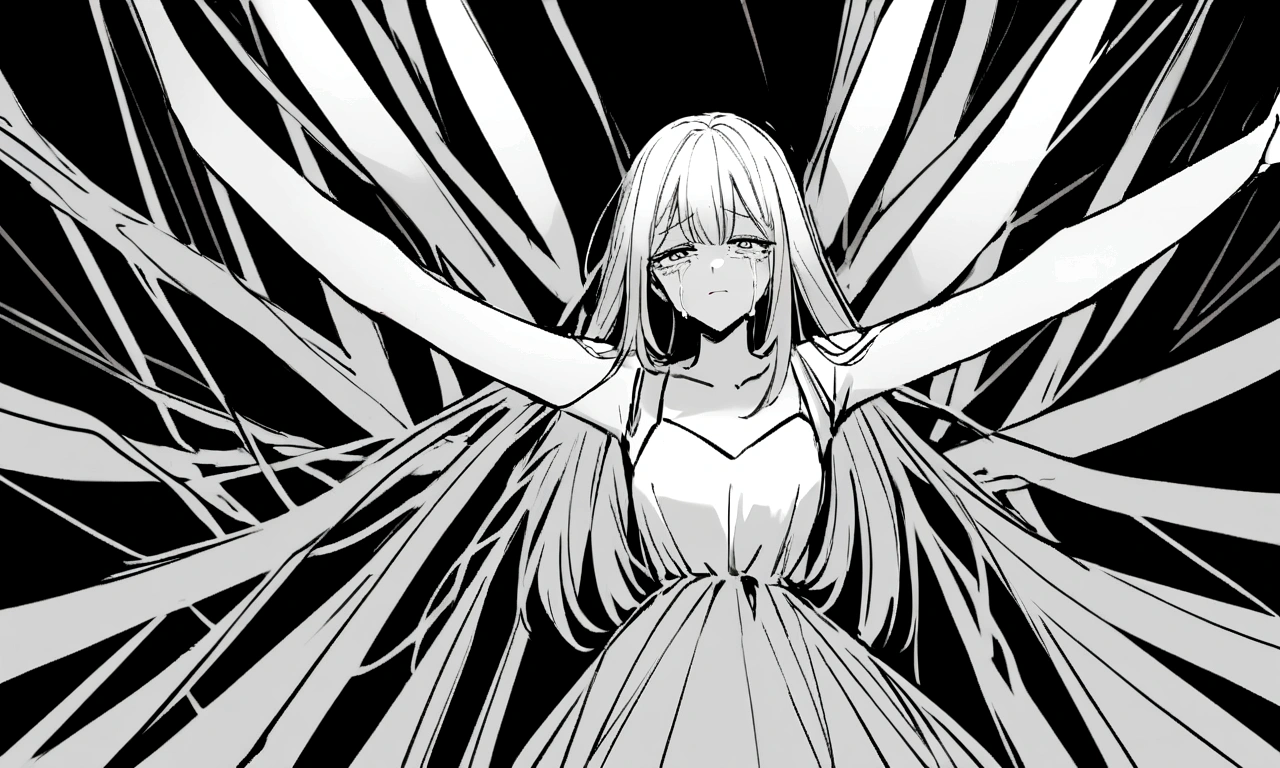black and white drawing, black background, woman 1, long straight hair, white hair, a crying face, Pose with open arms asking for a hug, wearing a white dress