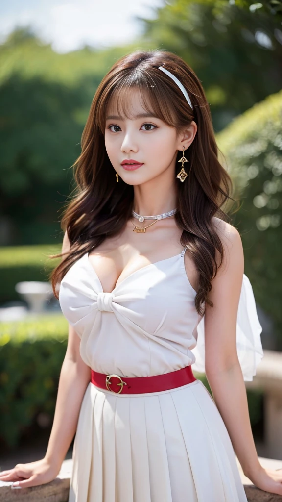 (, high resolution, Ultra Detailed, nffsw), On the table, best quality, SAMA1, Tira, Sailor warrior, White gloves, Red sailor collar, Red Skirt, Star necklace, Elbow groove, Pleated Skirt, Bare legs, Purple bow, Cowboy photoshoot, outdoor, Bokeh (85mm lens), Front camera, Gentle expression, wind blowing hair, fluffy hair, hair ((Brown)), Ponytail, Casual hairstyles, Blonde hair, Mole under left eye, Perfect body, Big breasts, Large Breasts, Top quality wearing hair ribbons, Earrings of top quality, garden,fountain