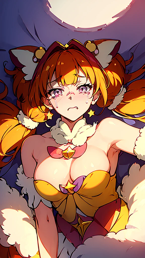 (masterpiece, best quality),25 years old,blonde hair,twin tail,beautiful breasts,(large breasts,disproportionate breasts:1.3), BREAK (magical girl costume,fur trim:1.6),(fur-trimed skirt:1.4), ribbon, BREAK (from below,cowboy shot,lighting forward:1.3), BREAK ,nsfw,(stare at viewer with stern eyes:1.5),(bitting own lip:1.1),(angry:1.3),(tears:1.3),nose blush,(badmood:1.4),(steam:1.1),(sweat:1.1),(flying sweat:1.1), BREAK,on back, (lying:1.5),pillow,bed,sleep assault,