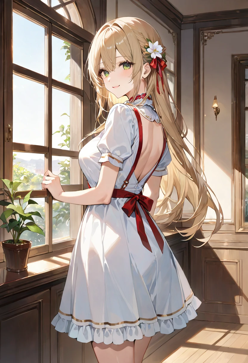 masterpiece, best quality, ultra detailed, sparkling eyes, The image depicts an anime-style girl standing indoors with a gentle and slightly playful smile. She has long, flowing blonde hair that cascades down her back and is adorned with a white flower and green leaves on the side. Her large green eyes are expressive and add to her kind appearance. She is wearing a white dress with short sleeves that have ruffled edges. The dress features a red ribbon tied at the collar, gold buttons down the front, a fitted waist, and a skirt that flares out slightly with delicate gold trim at the hem. The setting appears cozy and warmly lit by natural light coming through a window on the left side. The window has a wooden frame and a small potted plant sits on the windowsill. A wooden table is also visible, and on it stands a glass filled with a light-colored drink, possibly juice or wine. The overall ambiance of the room is inviting, with warm tones and a homey feel, complemented by additional background elements like a framed picture on the wall and a light switch nearby